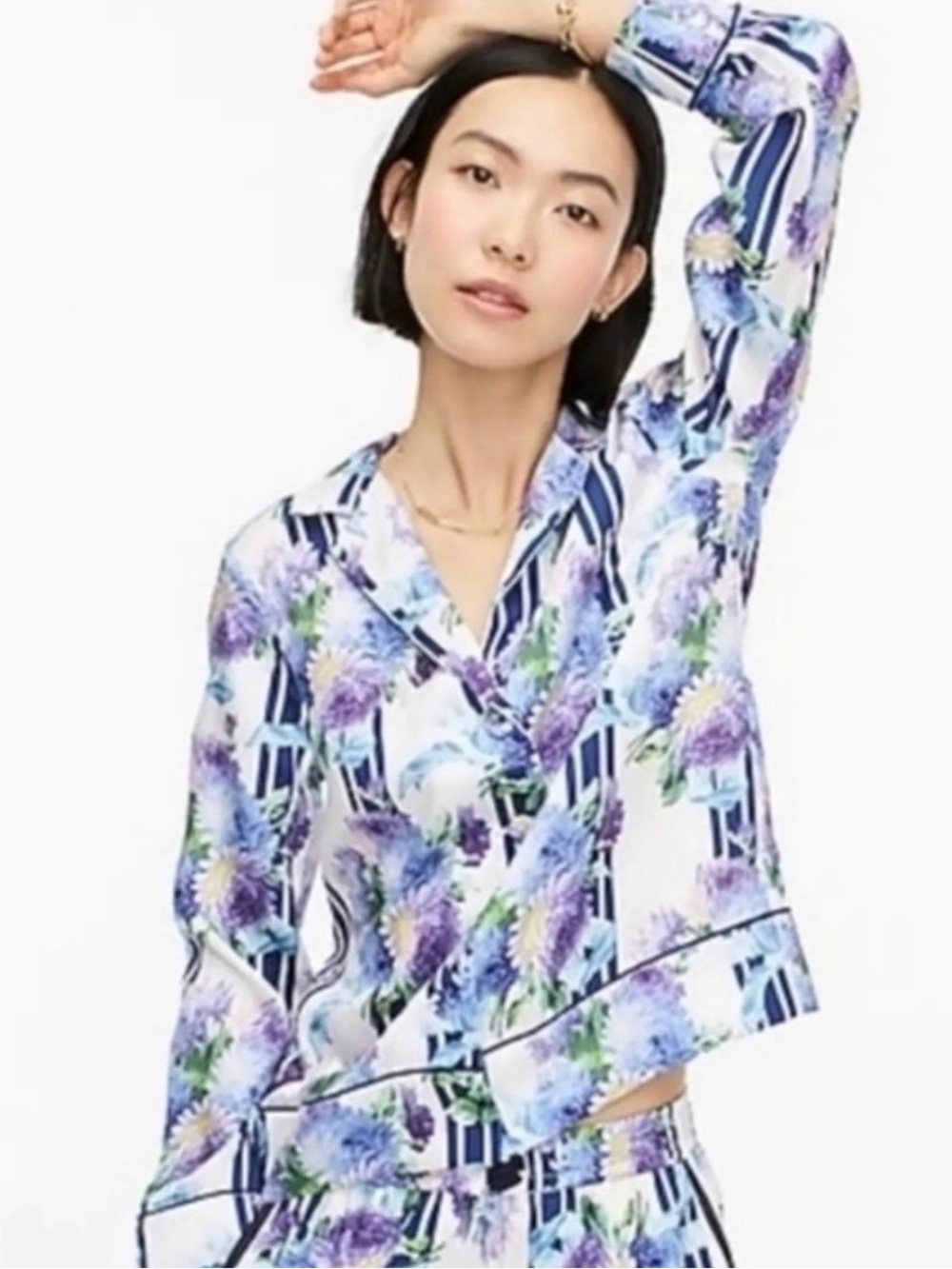 J.Crew Floral Notch-Collar Long-Sleeve Top in Lavender & White